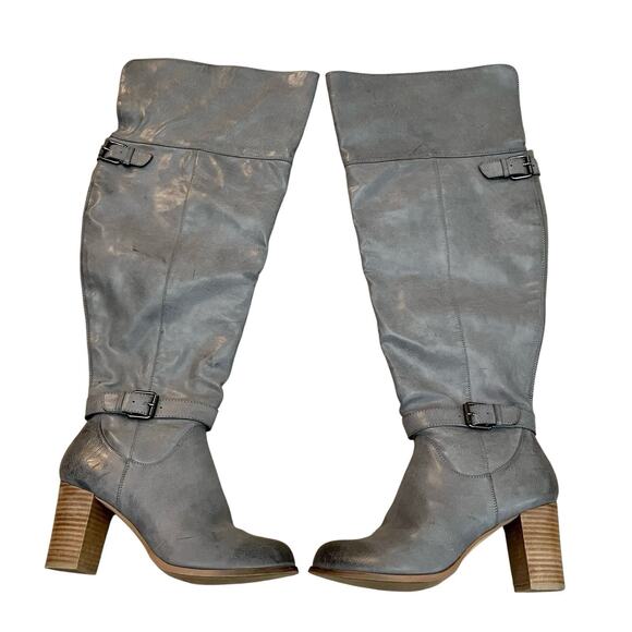 Torrid Over The Knee Faux Leather Boots 9W Gray Block Heel Buckles Casual Boho - Picture 1 of 13